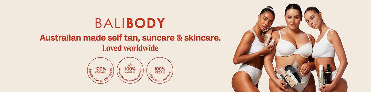 Drei Frauen mit Bali Body Produkten und dem Slogan „Australian made self tan, suncare & skincare.