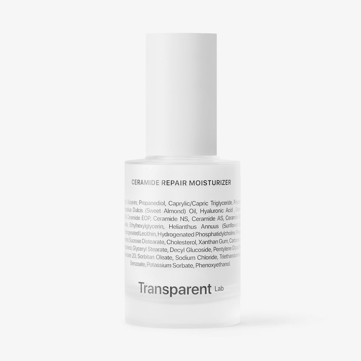 Der Ceramide Repair Moisturizer von Transparent Lab wird in einer weißen Flasche mit beschrifteter Vorderseite der Inhaltsstoffe präsentiert.