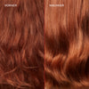 Rotes, krauses und strapaziertes Haar (vor) und glänzendes gestärktes Haar (nach) der Anwendung von OLAPLEX N°3 Hair Perfector.