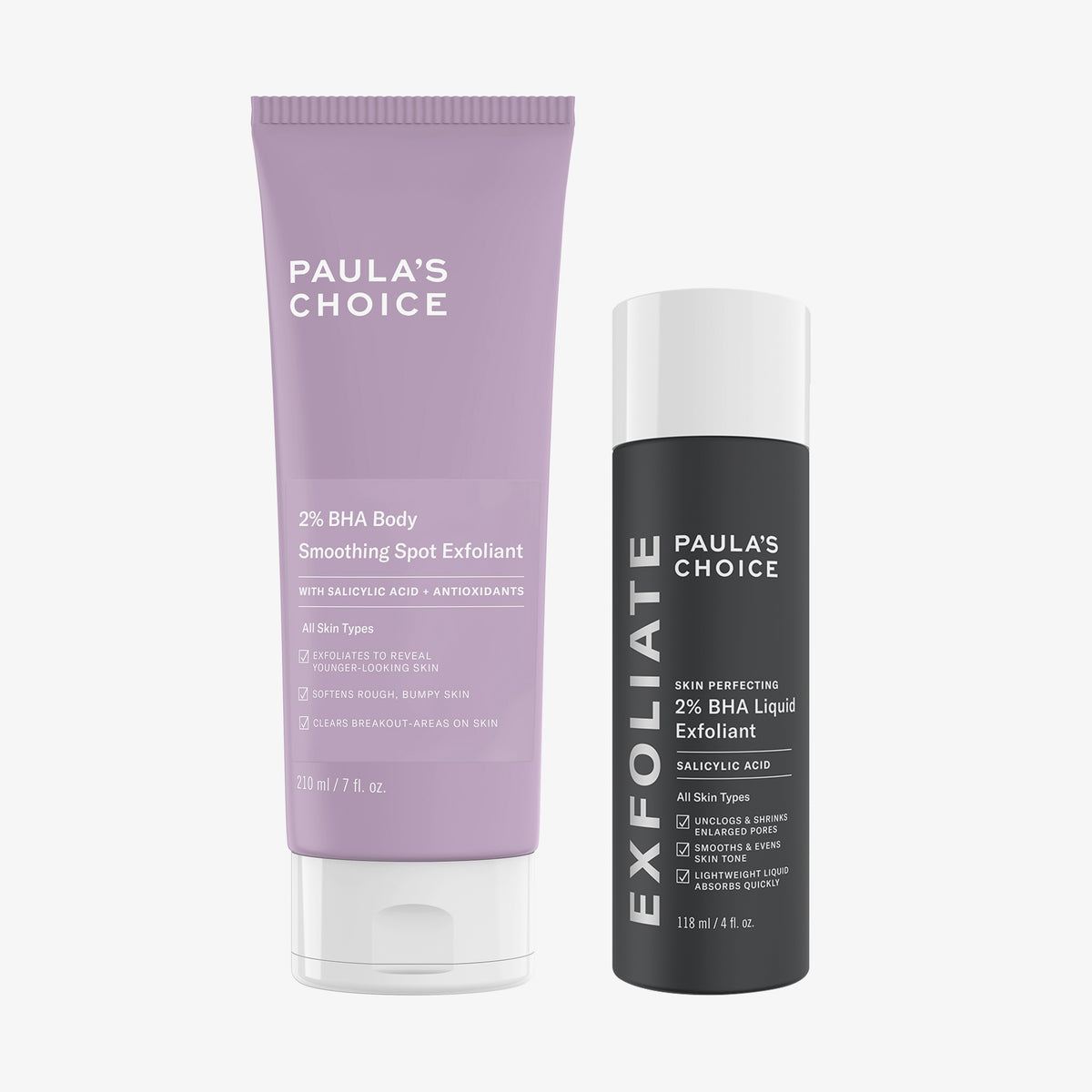 Das BHA-Duo enthält zwei Peelings von Paula’s Choice: eine violette Tube mit einem Körperpeeling und eine schwarze Flasche mit einem flüssigen Peeling.