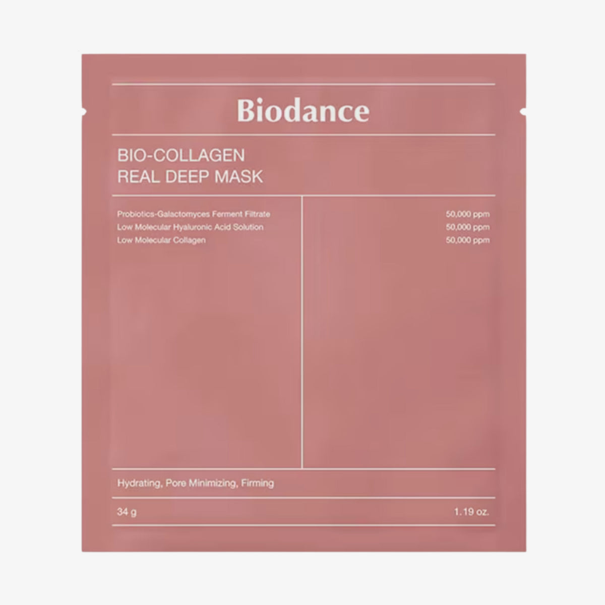 Roséfarbene Plastikverpackung der Bio Collagen Real Deep Mask vor weißem Hintergrund.