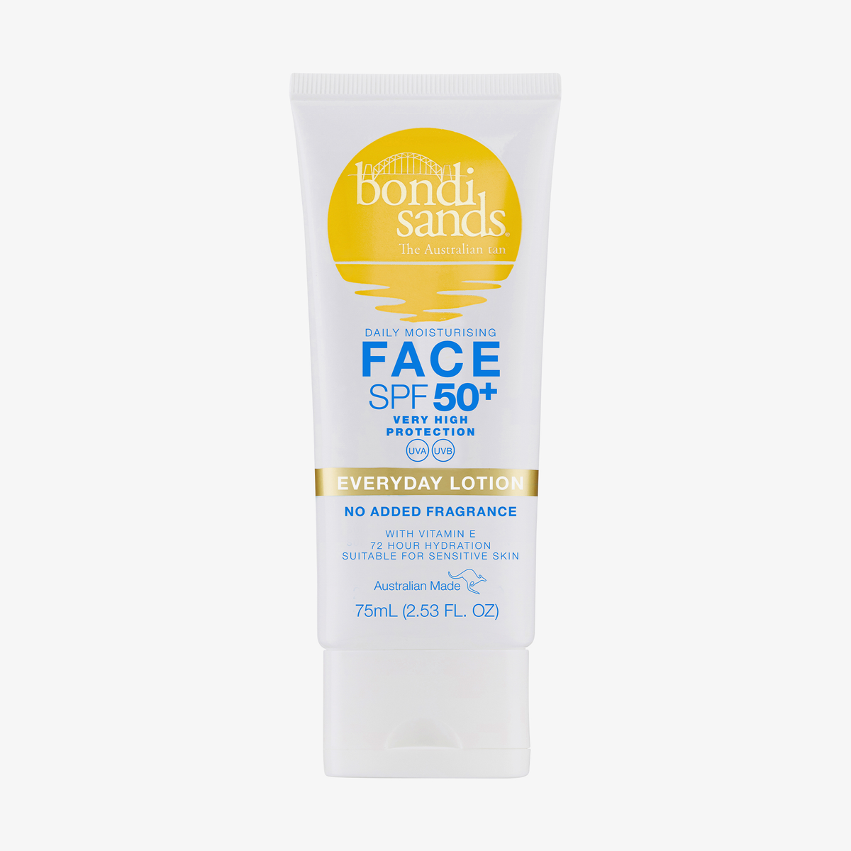 Weiße Tube Bondi Sands SPF 50+ Everyday Face Lotion mit gelbem, blauem und schwarzem Text, 75 ml.