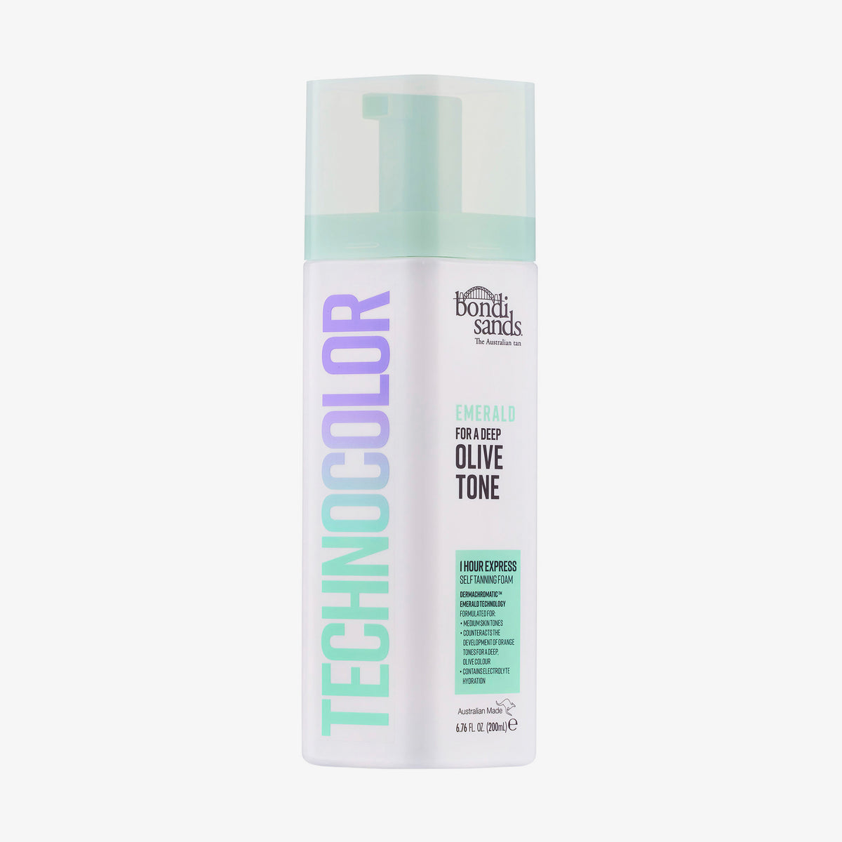 Eine weiße Flasche Bondi Sands Technocolor 1 Hour Express Self Tanning Foam Emerald mit hellgrünem Deckel auf weißem Hintergrund.