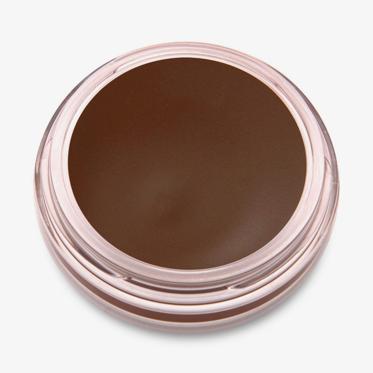 Ein runder offener Behälter mit Cronzer Cream Bronzer Nutty mit dunkelbraunem Inhalt auf weißem Hintergrund.