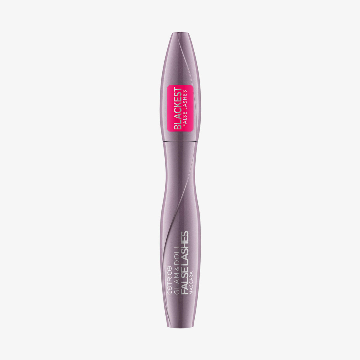 Violette geschwungene Mascara-Tube mit der Aufschrift " Catrice Glam & Doll False Lashes Mascara BLACKEST FALSE LASHES.
