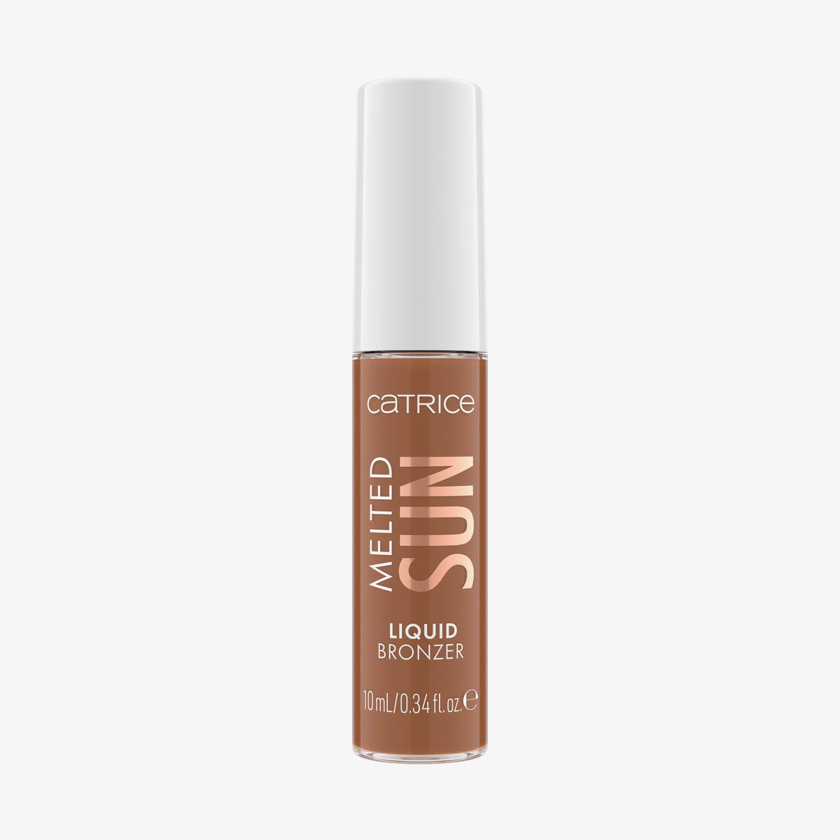 Melted Sun Liquid Bronzer 025 von Catrice in einer eleganten Flasche mit weißem Deckel vor schlichtem Hintergrund.