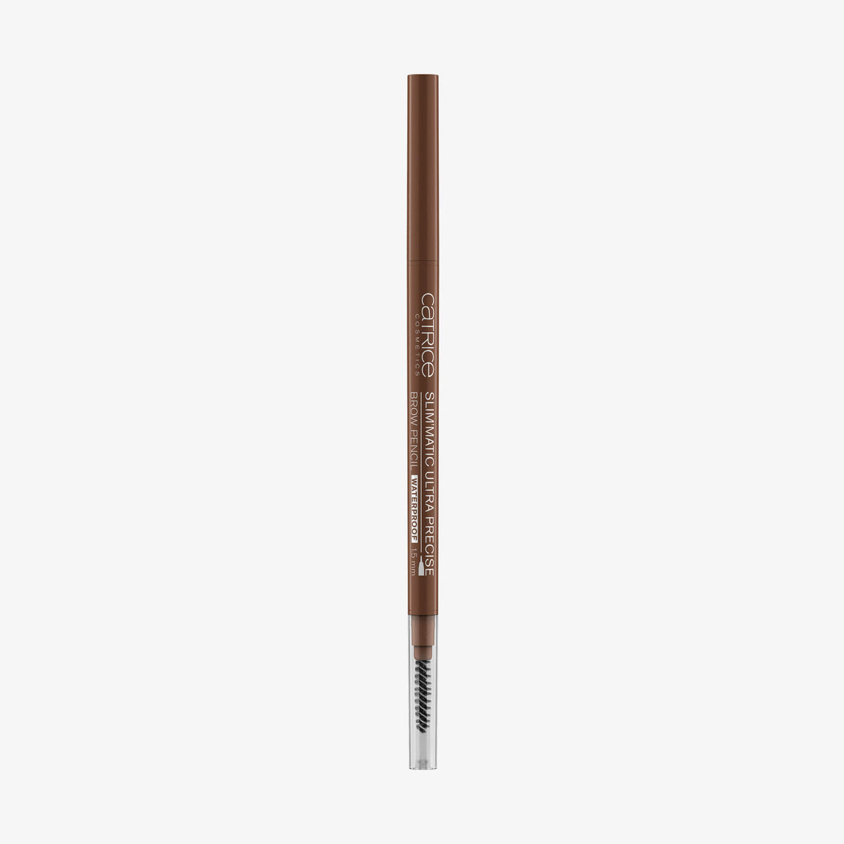 Der Slim'Matic Ultra Precise Brow Pencil Waterproof 025 in Braun mit Spiralbürste vor weißen Hintergrund.