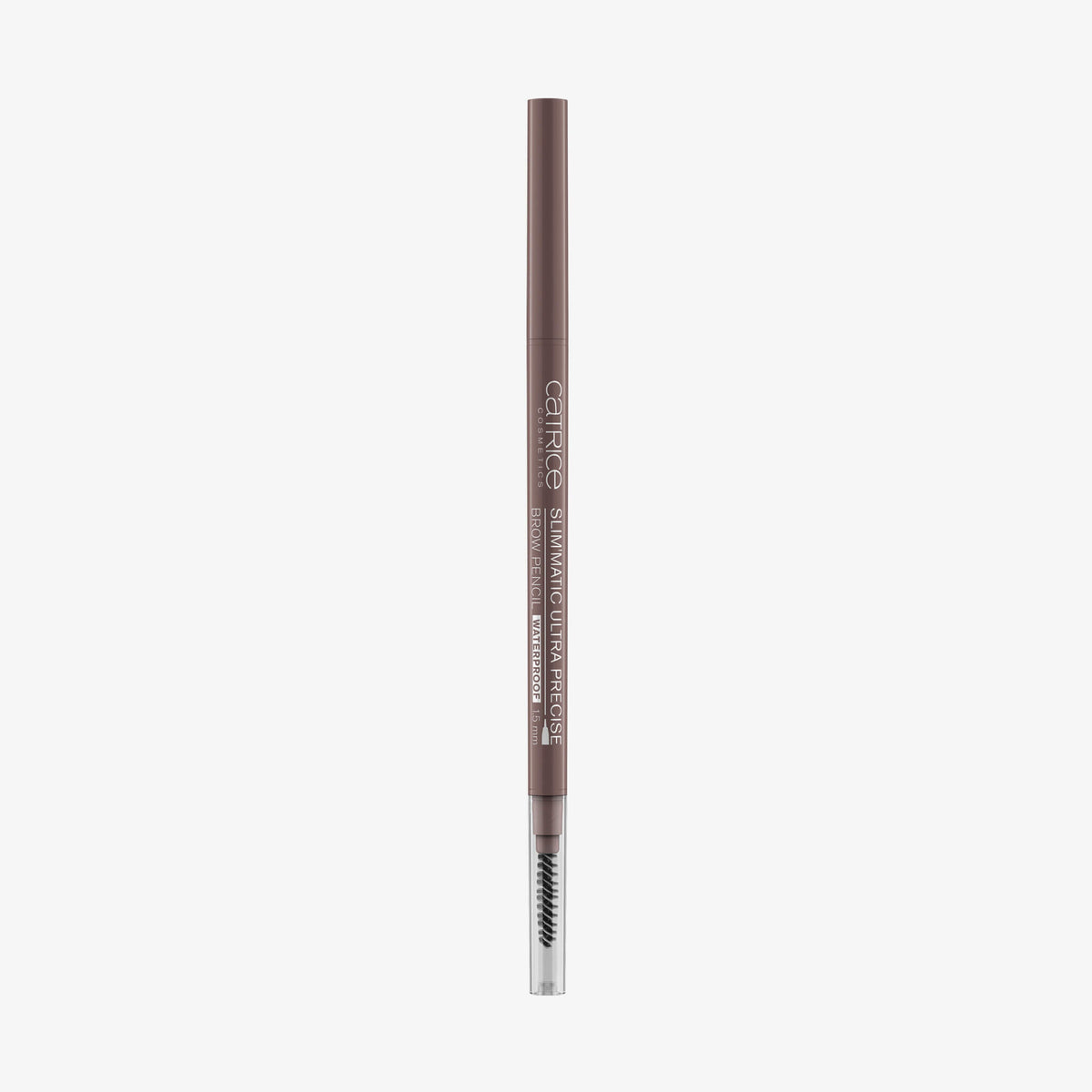 Ein brauner Slim'Matic Ultra Precise Brow Pencil Waterproof 030 von Catrice mit Spiralbürste vor weißem Hintergrund.