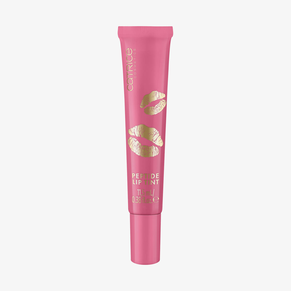 Rosa Tube KISS & GLOW Peptide Lip Tint C01 von Catrice mit goldenem Lippenaufdruck vor weißem Hintergrund.