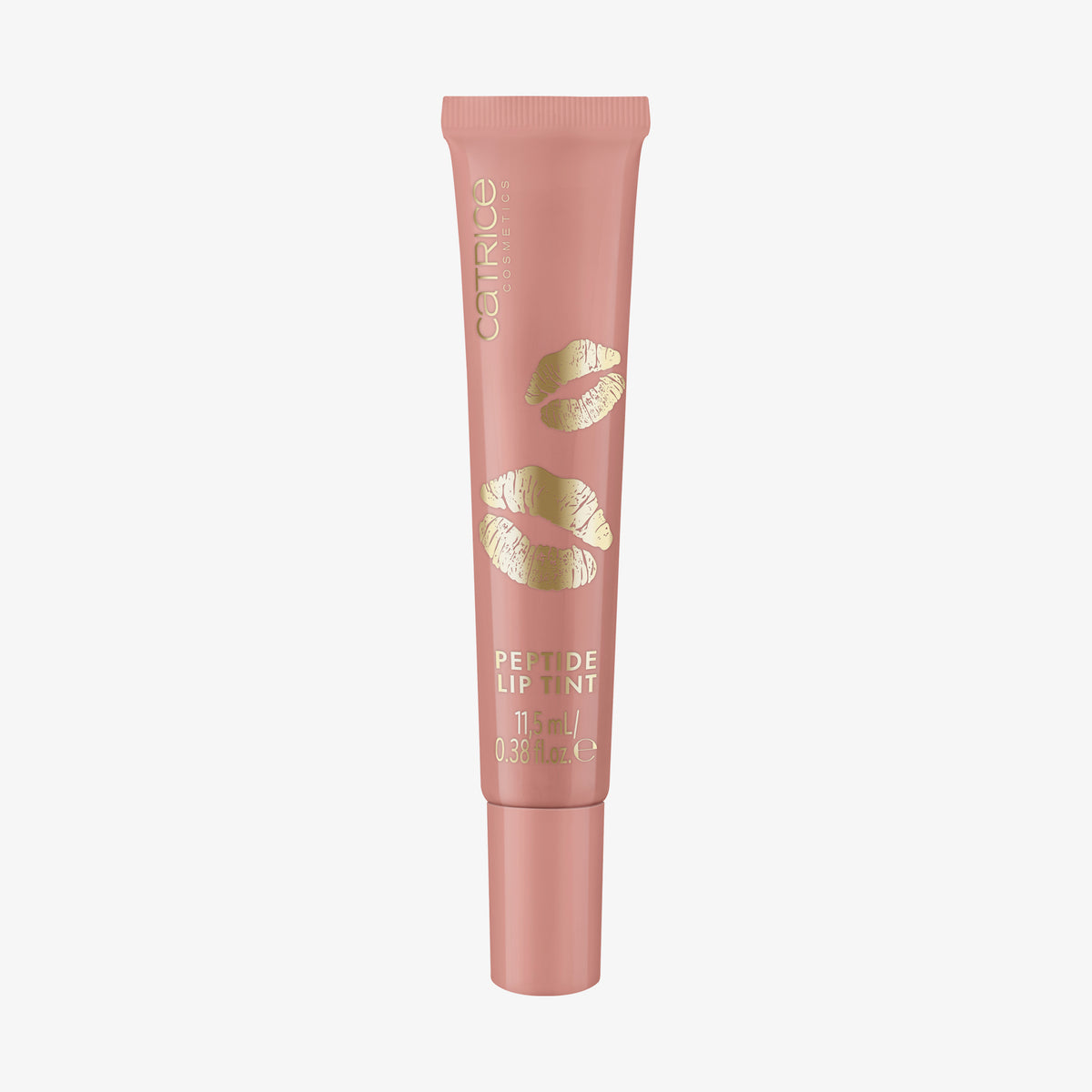 Nudefarbene Tube KISS & GLOW Peptide Lip Tint C02 mit goldenem Lippenaufdruck vor weißem Hintergrund.