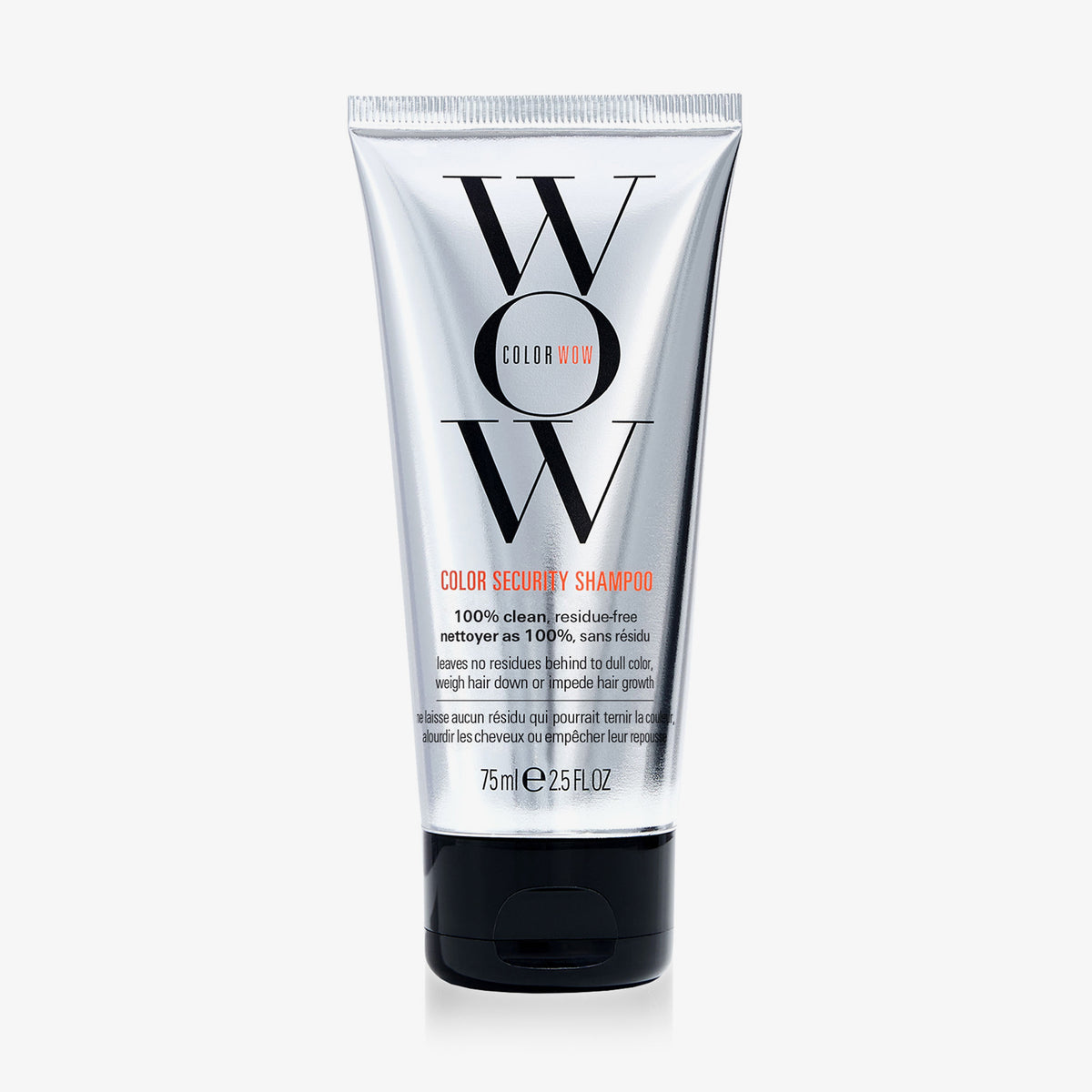 Eine silberne Tube Travel Color Security Shampoo 75 ml mit schwarzem Deckel steht vor einem weißen Hintergrund.