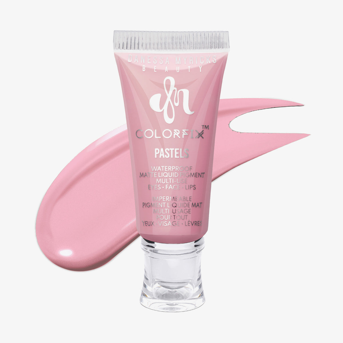 Transparente Tube Colorfix Pastels Bunny mit hellrosa Inhalt und rosa Farbmuster dahinter, auf weißem Hintergrund.