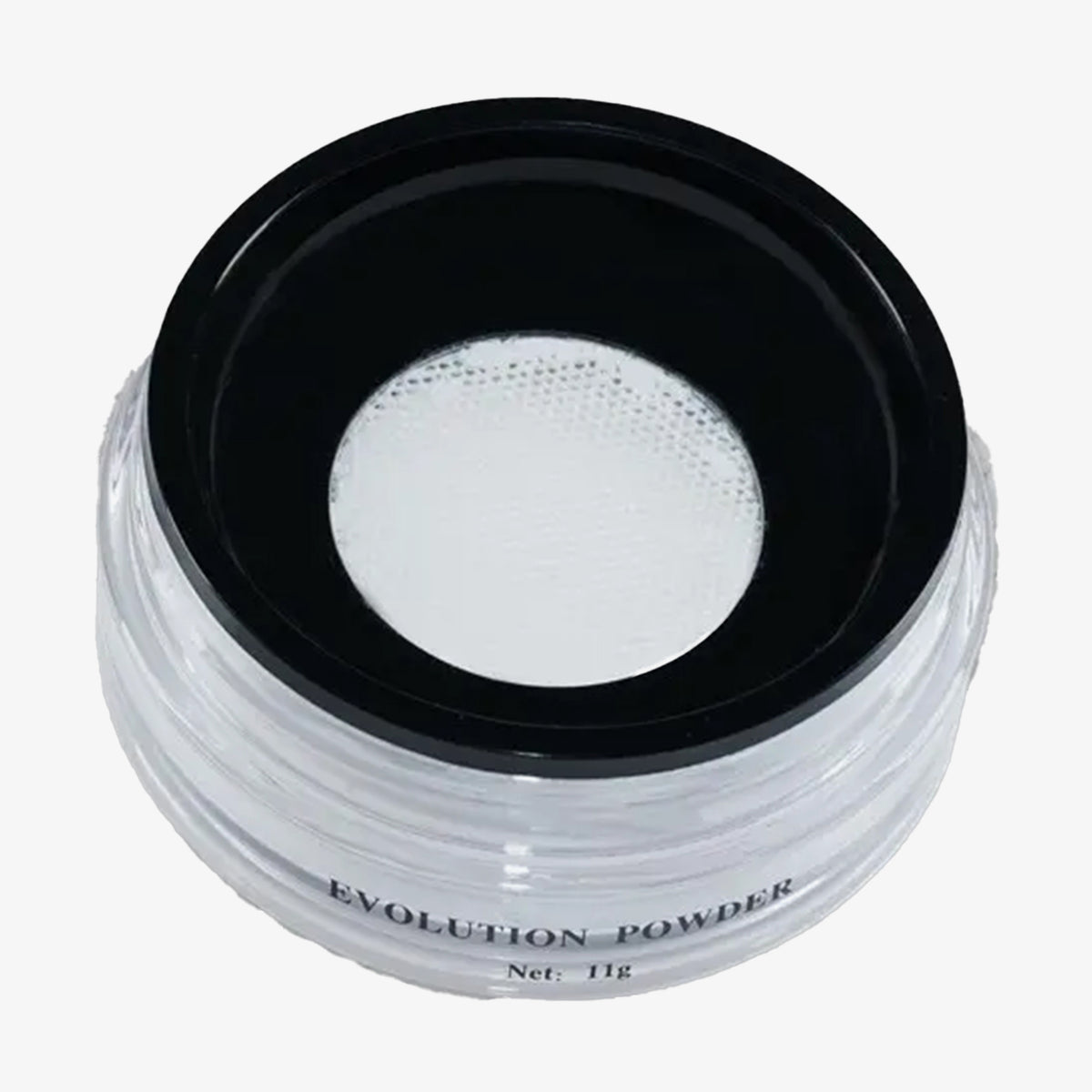 Durchsichtiges Gefäß des Evolution Powder #1 von Danessa Myricks Beauty mit schwarzen Einsatz und weißem Pulver im Inneren.