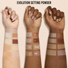 Drei Arme mit unterschiedlichen Hauttönen zeigen Muster von Evolution Powder in den Farbtönen 1, 2, 2.5, 3, 4, 5, Yellow und Pink.