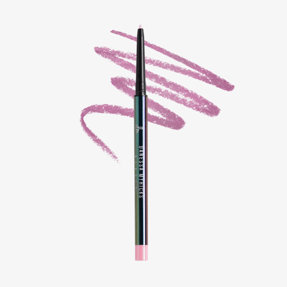 Schwarzer glänzender Infinite Chrome Pencil Amethyst; dahinter gezeichnete rosane Striche auf weißem Hintergrund.