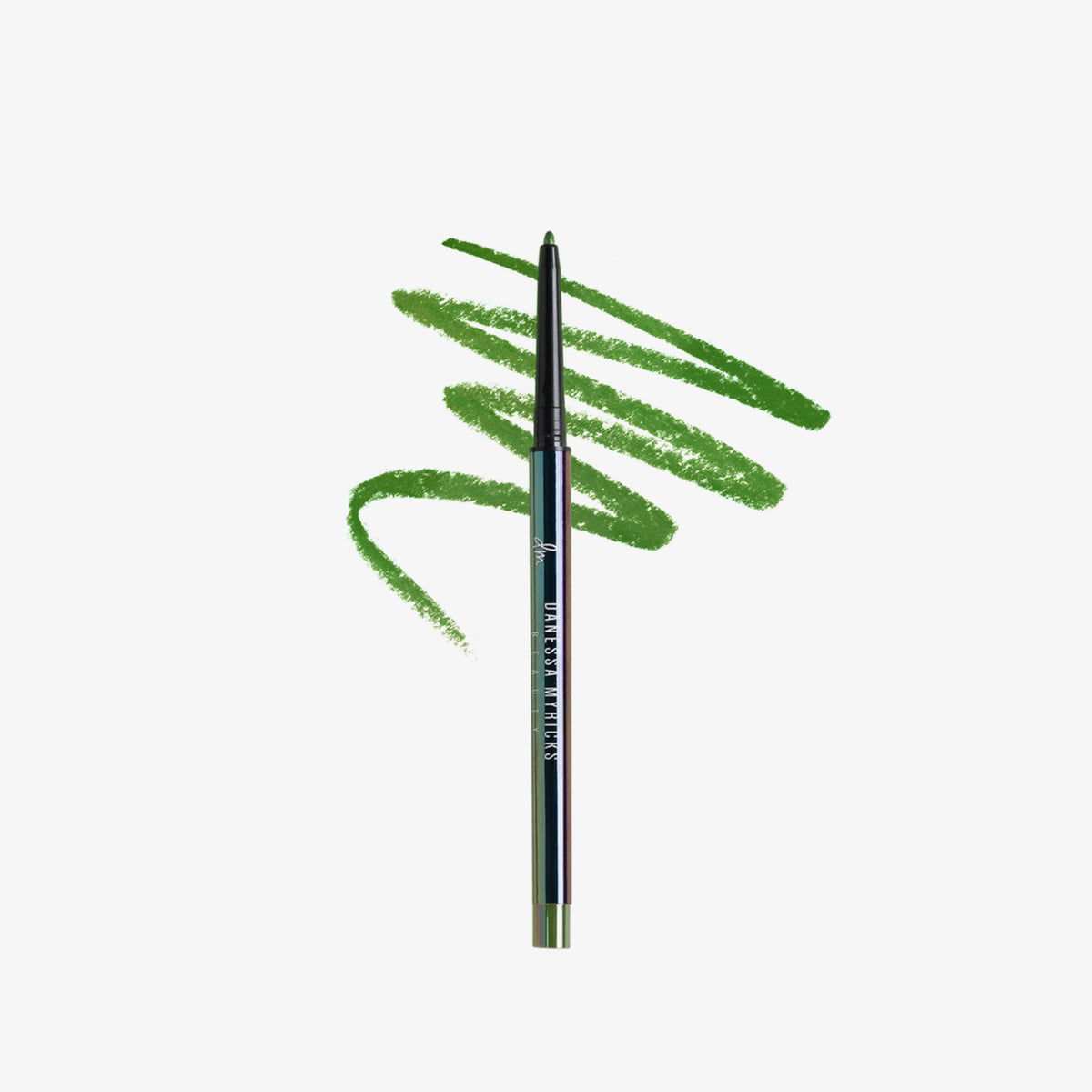 Schwarzer glänzender Infinite Chrome Pencil Emerald; dahinter gezeichnete grüne Striche auf weißem Hintergrund.
