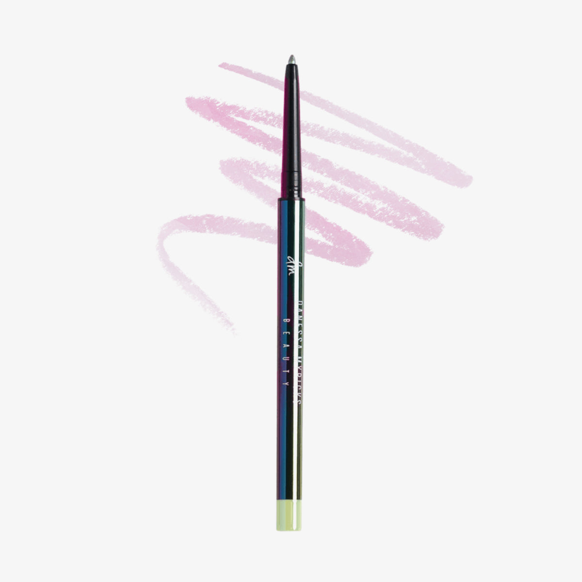 Schwarzer glänzender Infinite Chrome Pencil Jade; dahinter gezeichnete rosa-grüne Striche auf weißem Hintergrund.