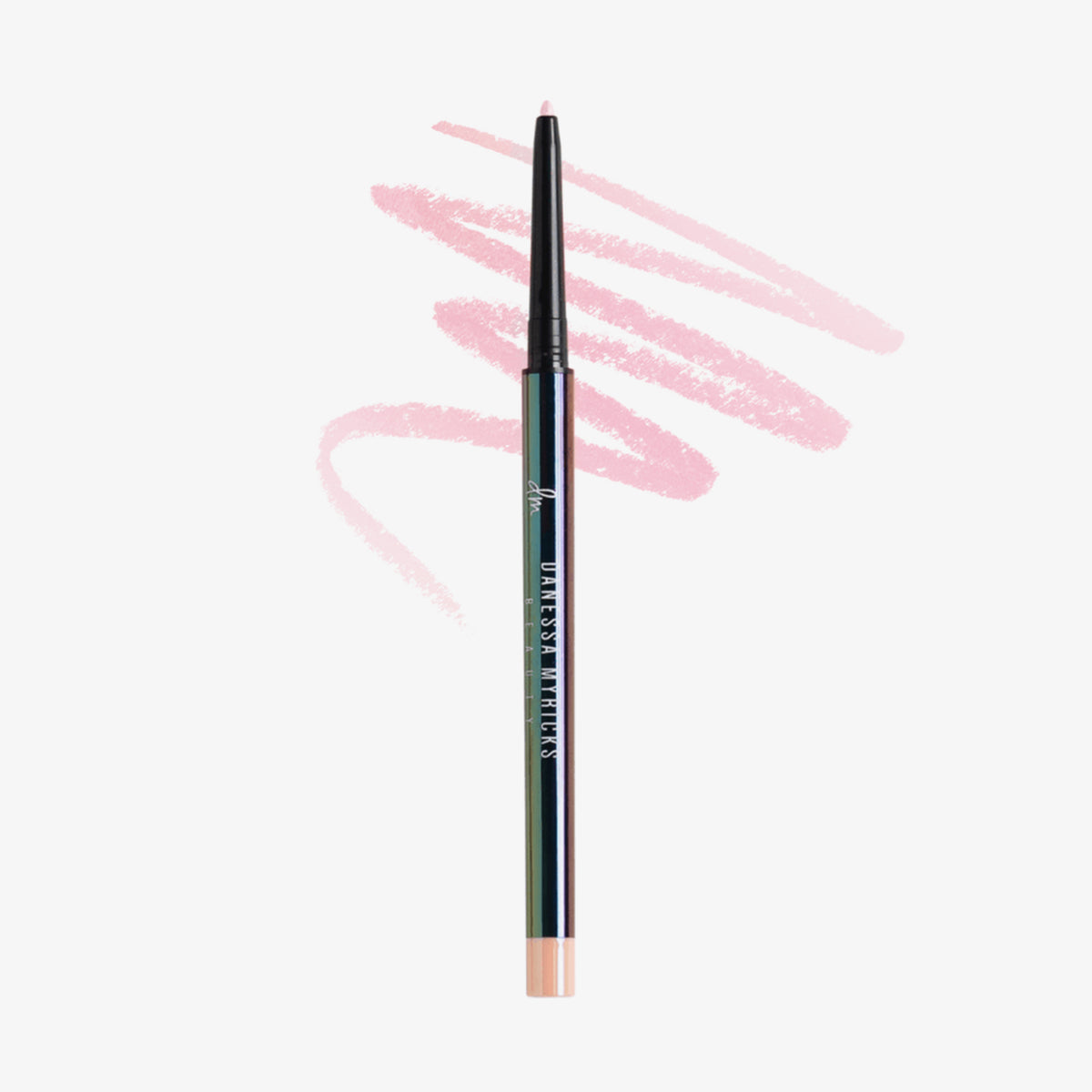 Schwarzer glänzender Infinite Chrome Pencil Morganite; dahinter gezeichnete orange-rosa Striche auf weißem Hintergrund.