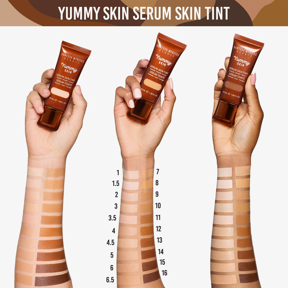 Drei Unterarme unterschiedlicher Hautfarbe halten den Yummy Skin Serum Tint und haben Farbmuster auf der Haut.
