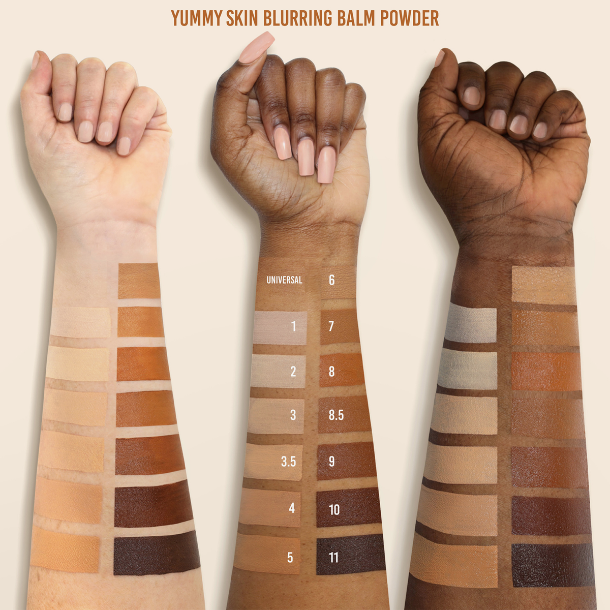 Drei Unterarme unterschiedlicher Hautfarbe mit Farbmustern des Yummy Skin Blurring Balm Powder.