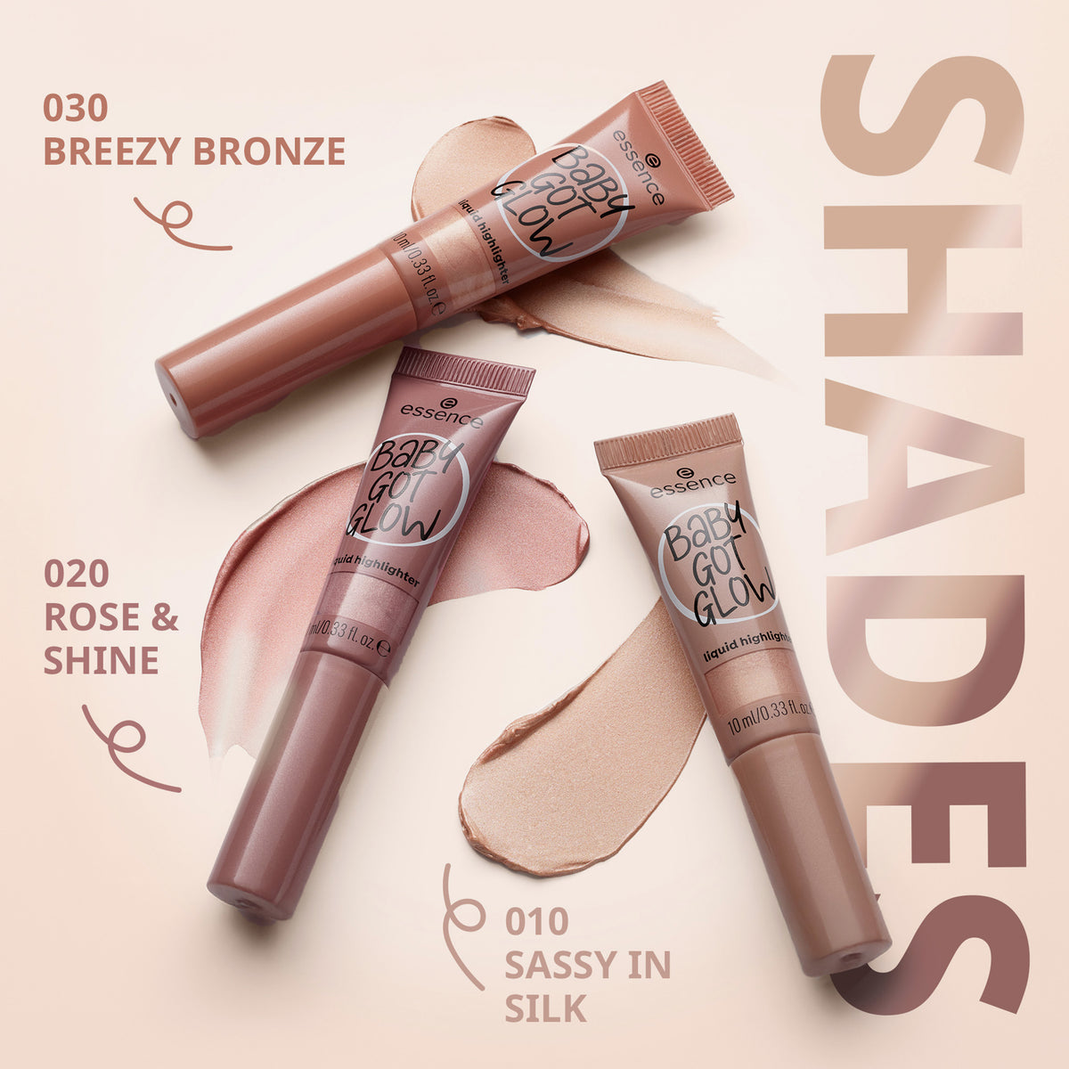 Die frei Shades der BABY GOT GLOW liquid highlighter vor beigem Hintergrund.