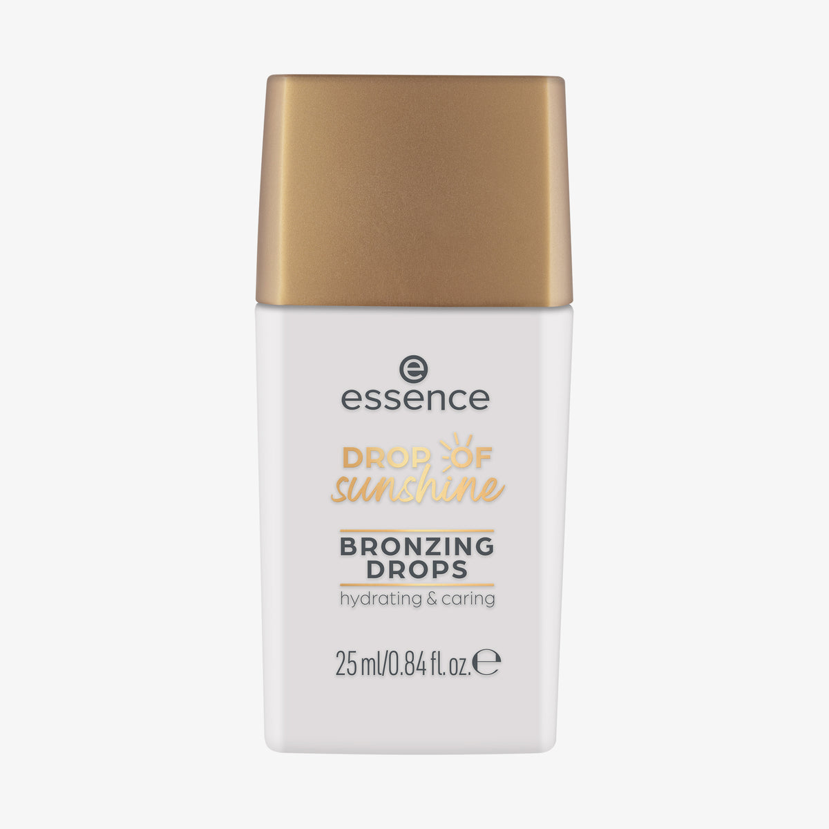 Weiße Flasche DROP OF sunshine BRONZING DROPS mit goldener Kappe und detailliertem Produktetikett.