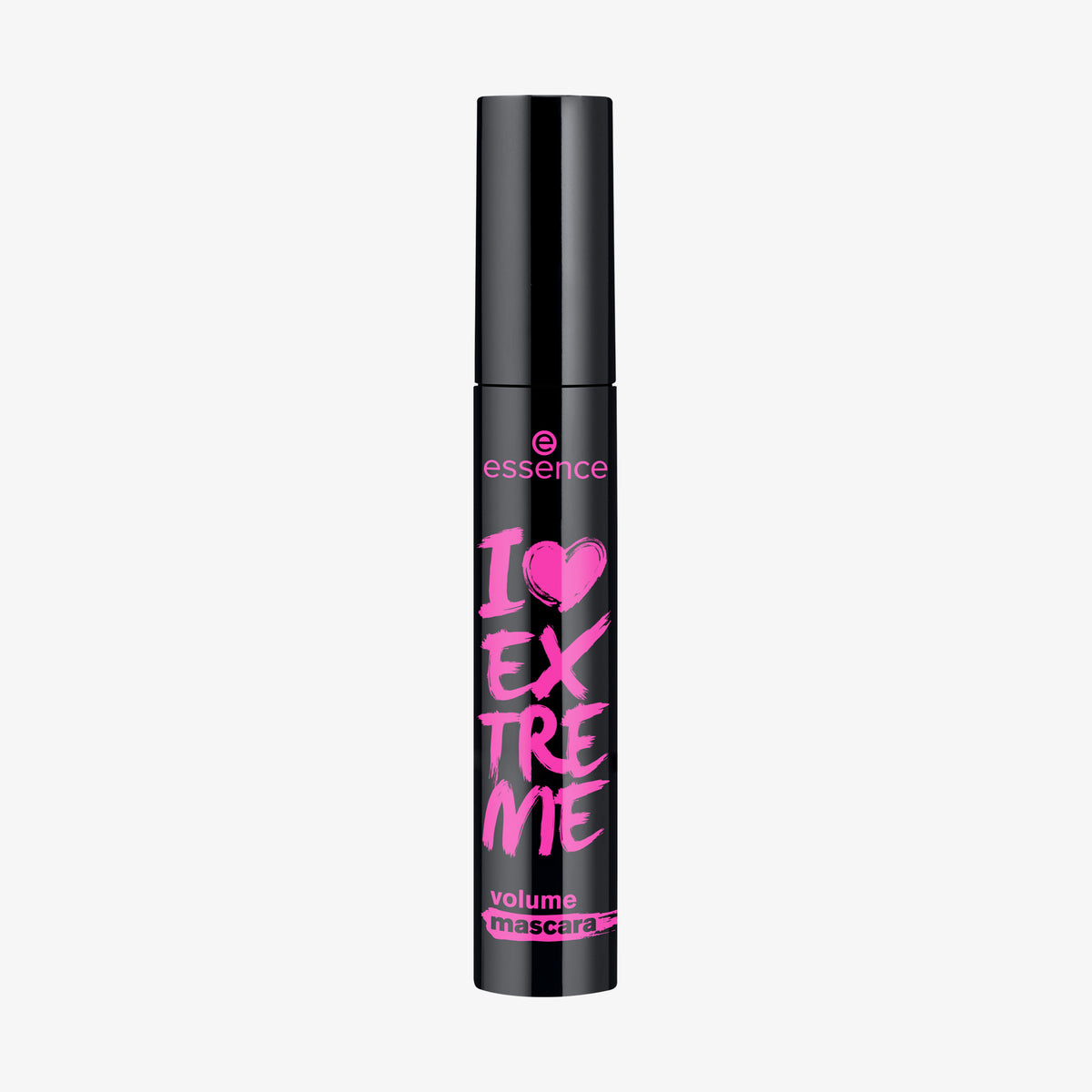 Eine schwarze Tube essence I LOVE EXTREME volume mascara 01 mit pinkem Text.