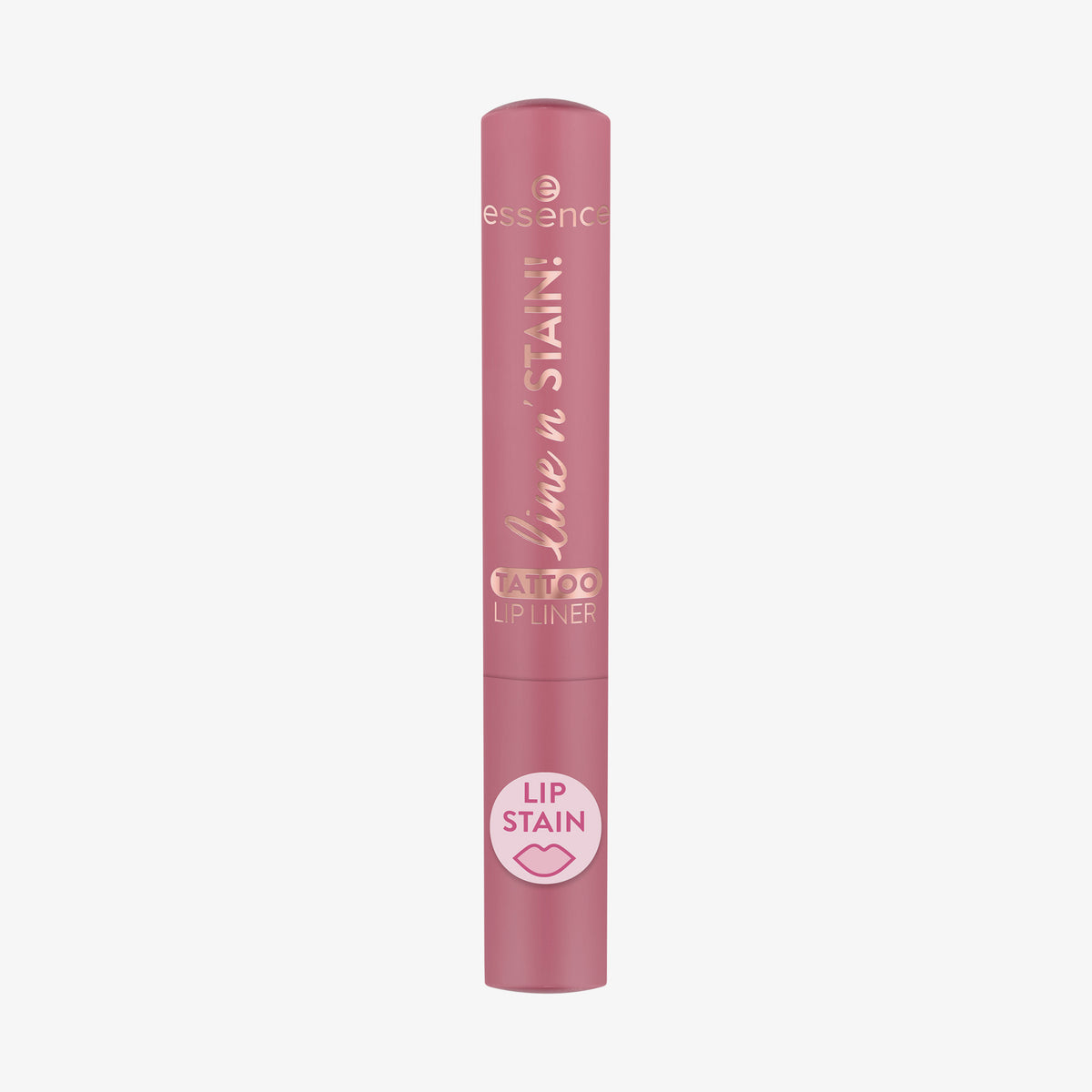 Rosa Tube essence line n' STAIN! TATTOO LIP LINER in der Farbe Everyones Nude Pink auf weißem Hintergrund.