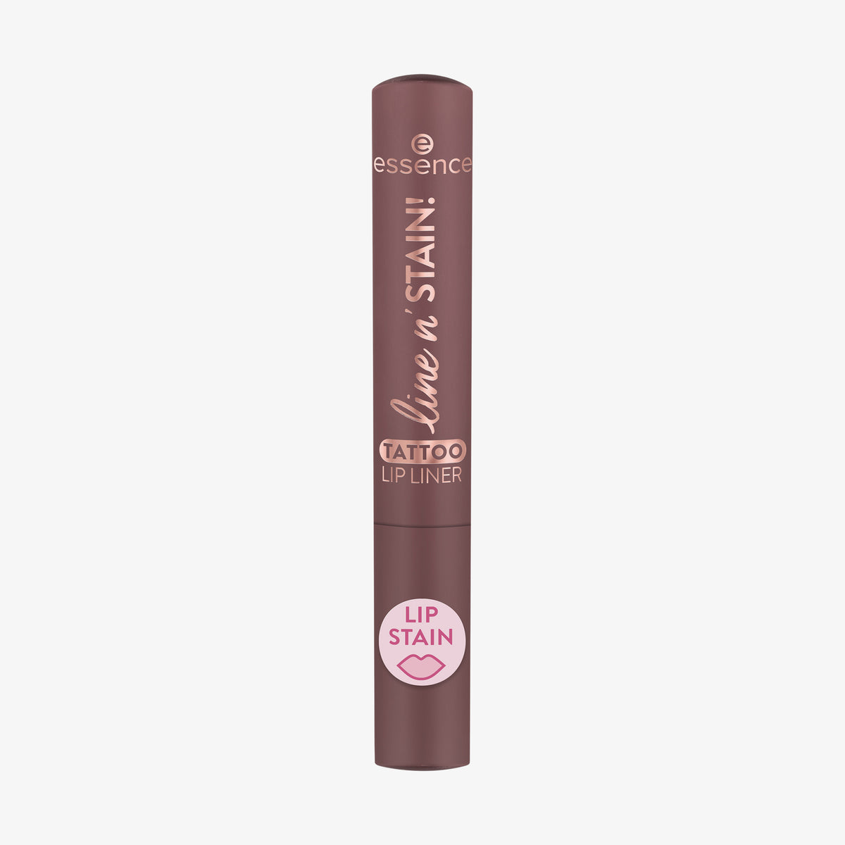Braune Tube essence line n' STAIN! TATTOO LIP LINER in der Farbe Make a Mauve auf weißem Hintergrund.