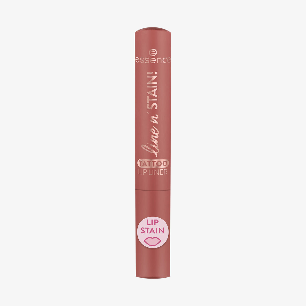 Rostrosa Tube essence line n' STAIN! TATTOO LIP LINER in der Farbe Must have brown auf weißem Hintergrund.