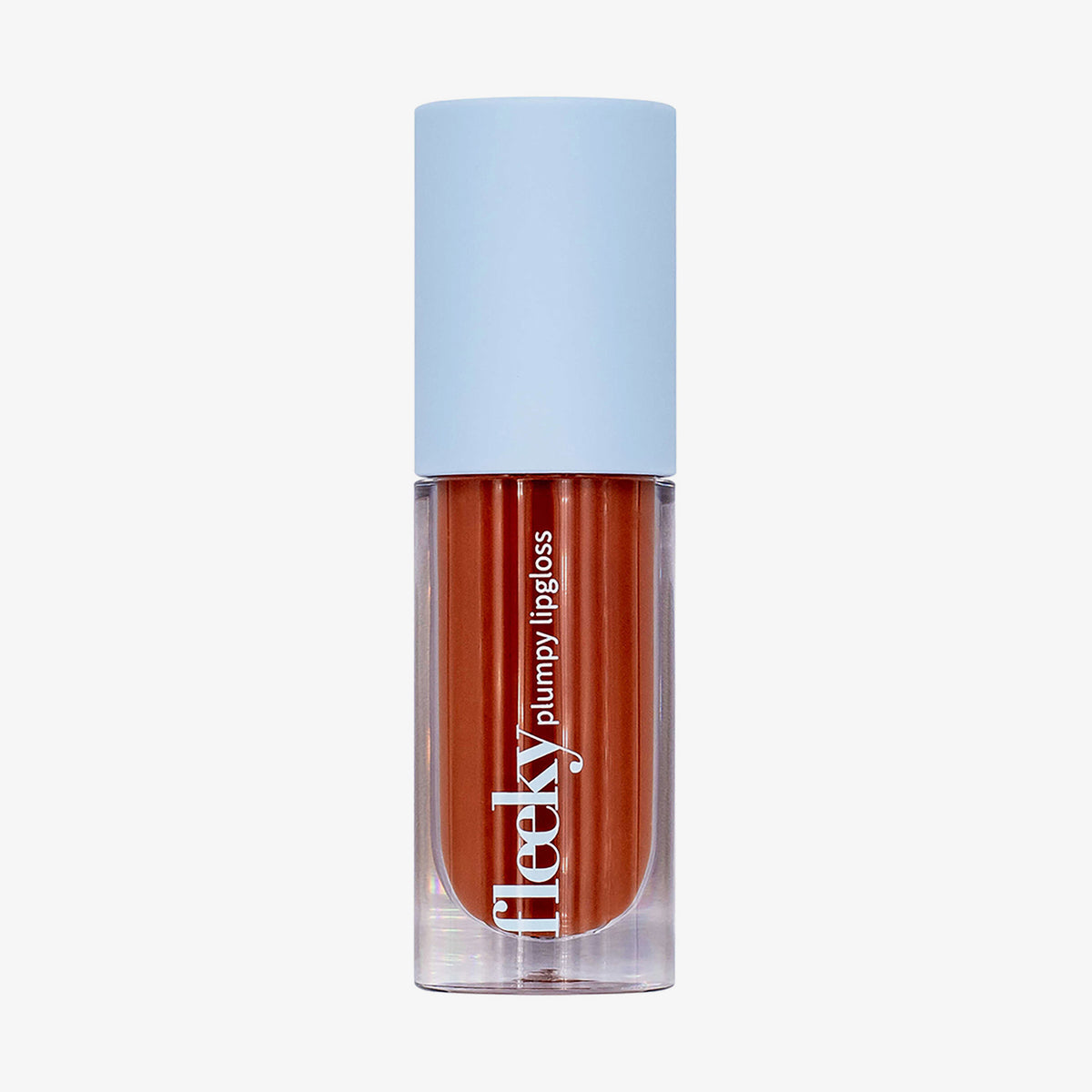 Transparente Tube fleeky Plumpy Lip Gloss Toffee Brown mit hellblauem Deckel vor weißem Hintergrund.