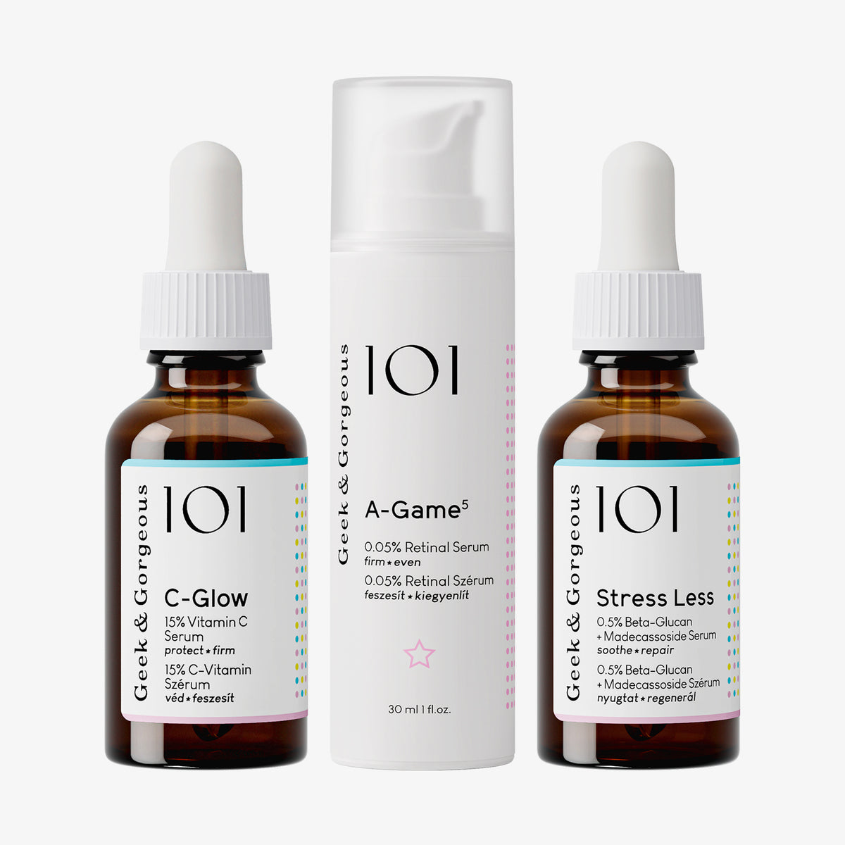Zwei Serum Flasche C-Glow und Stress Less, neben einer Flasche A-Game 5 sind teil des Age Smart Kit von Geek & Gorgeous.
