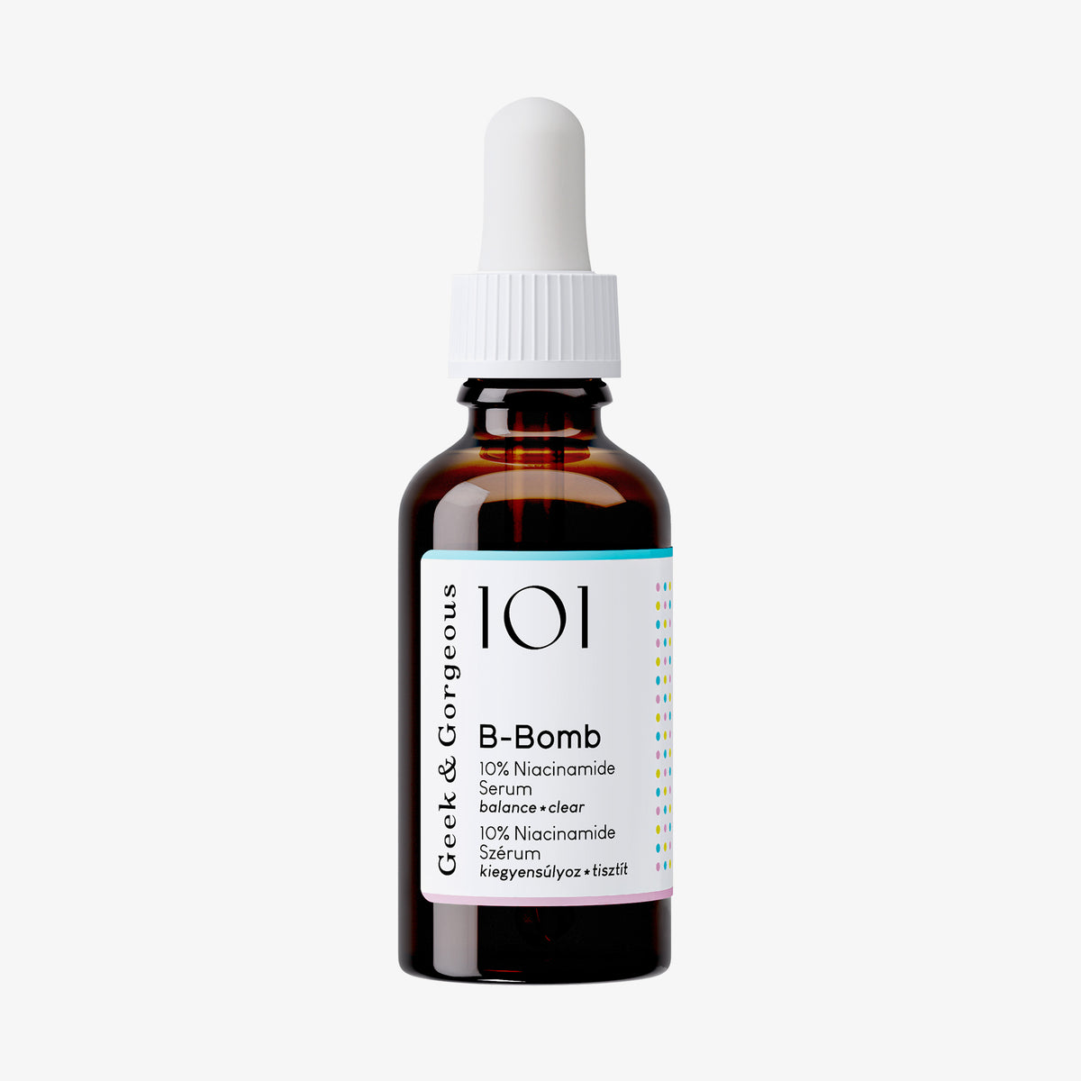 Braune Tropfflasche B-Bomb mit weißem Deckel vor einem weißen Hintergrund.