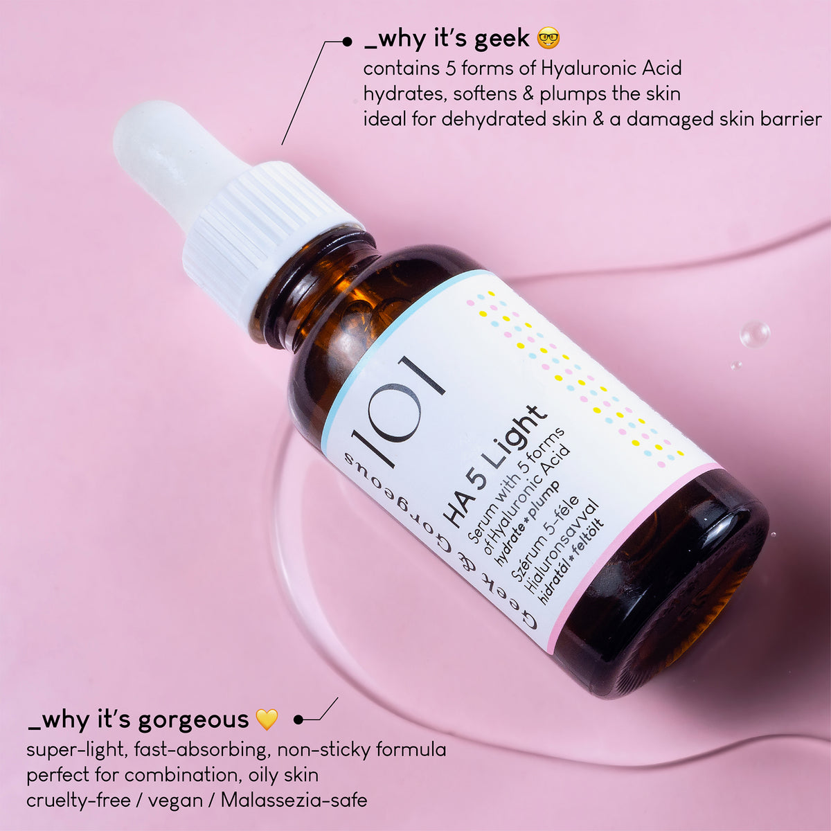 Eine Tropfflasche HA 5 Light-Serum liegt auf einer rosa Oberfläche; daneben Infos zu Inhaltsstoffen und Produkteigenschaften.