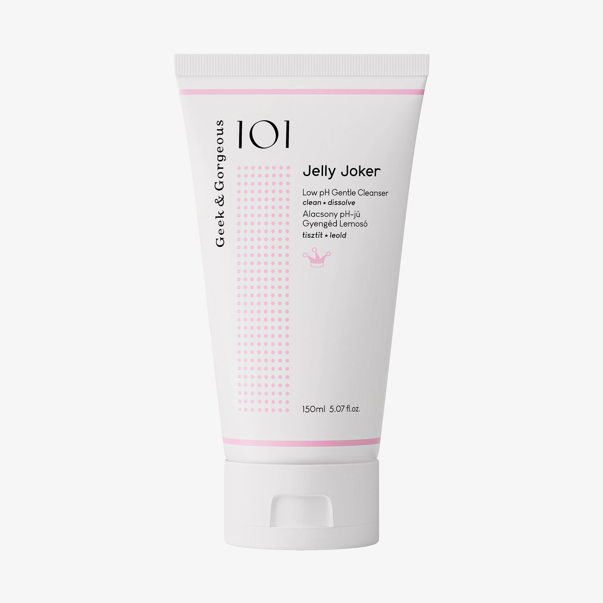 Weiße Tube Jelly Joker Reinigungsgel mit rosa Akzenten auf einem weißen Hintergrund.