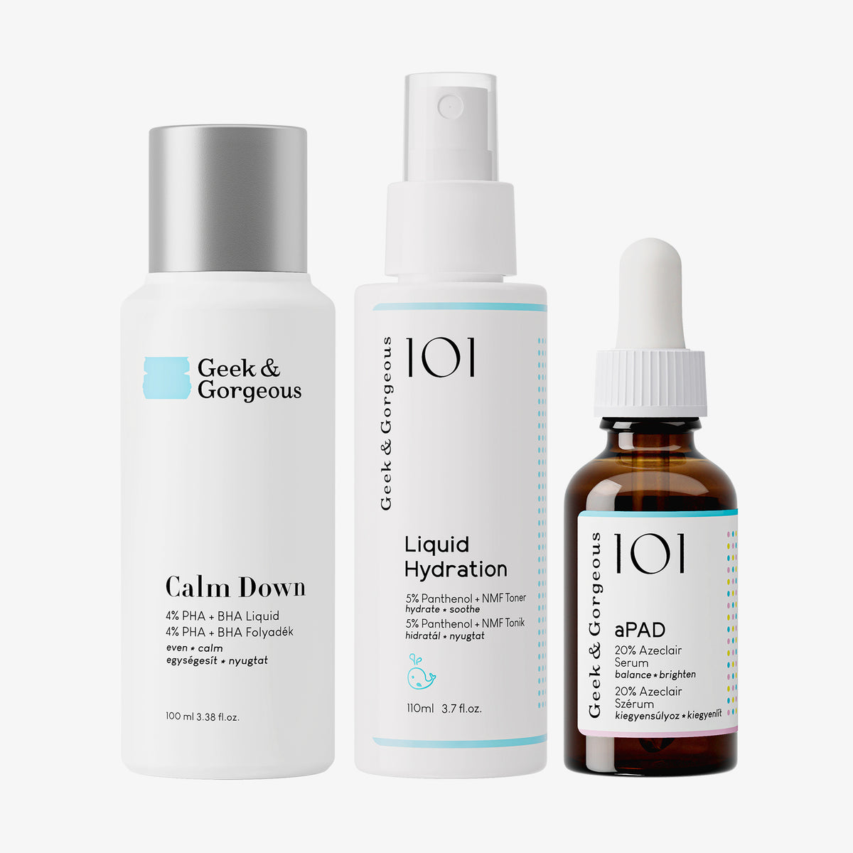 Das Keep Calm Kit bestehend aus dem Geek & Gorgeous Calm Down, Liquid Hydration und aPAD vor weißem Hintergrund.