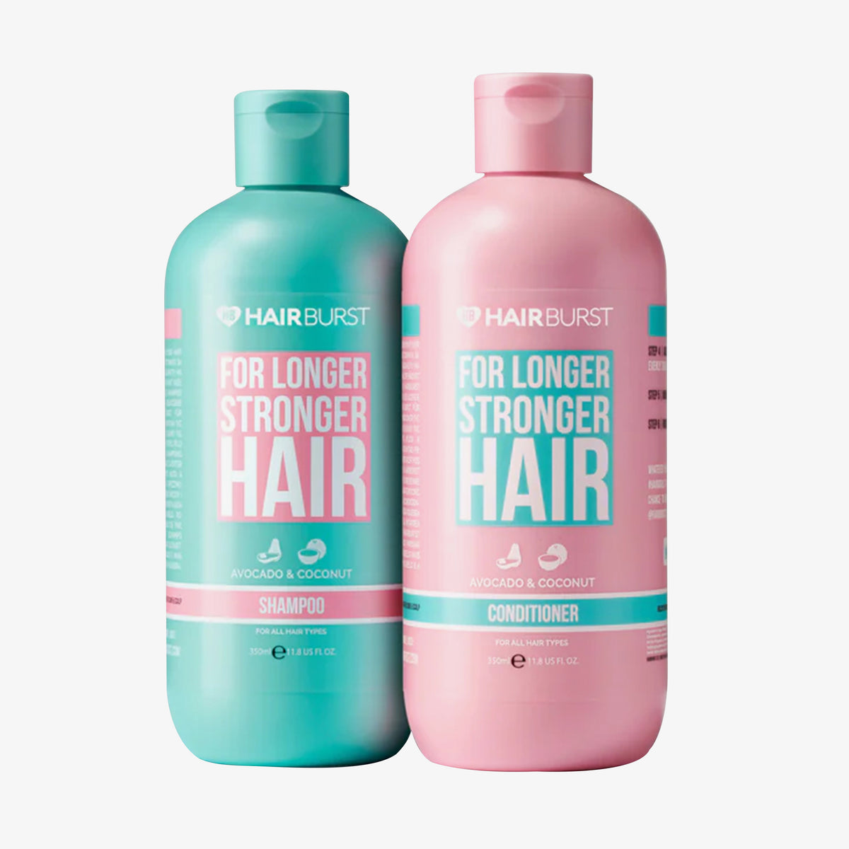 Zwei Flaschen des Shampoo & Conditioner Duo Packs For Longer Stronger Hair von Hairburst, in türkisfarbener und rosa Verpackung.
