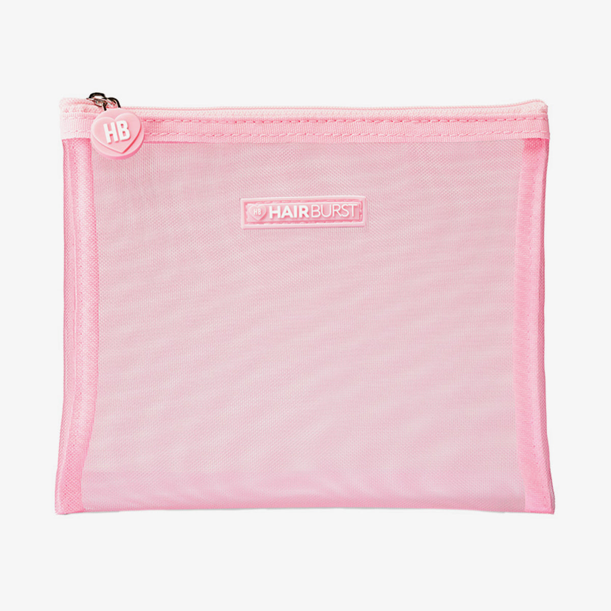 Eine rosafarbene Kulturtasche aus Netzstoff mit Reißverschluss, HAIRBURST-Etiketten auf der Vorderseite und einem Reißverschlussanhänger.
