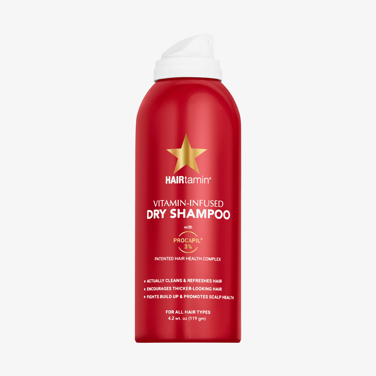 Auf weißem Hintergrund ist eine rote Dose HAIRtamin Peptide Dry Shampoo mit weißem Deckel abgebildet.
