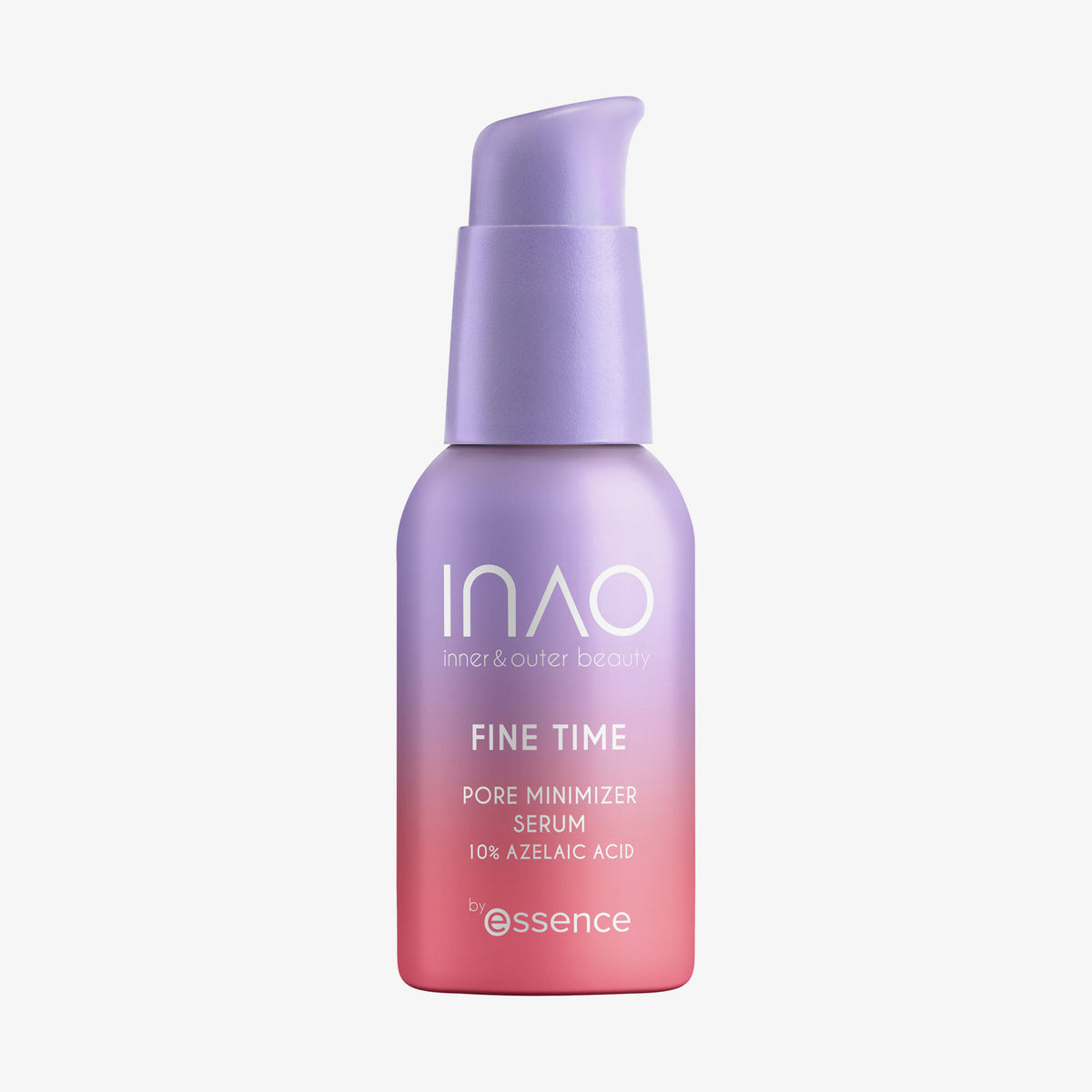Eine Flasche Fine Time Pore Minimizer Serum von INAO mit Farbverlauf in Lila und Rosa und einem Pumpspender.