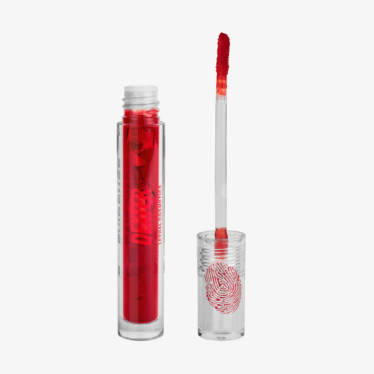 Transparente Tube Dexter Lip Stain Born in Blood von Lethal Cosmetics mit leuchtend rotem Inhalt und einem Stabapplikator.