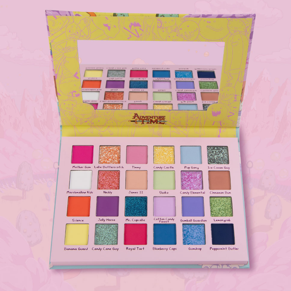 Geöffnete Lethal Cosmetics Adventure Time Candy Kingdom Palette mit 24 bunten matten und glitzerndem Shades und integriertem Spiegel.