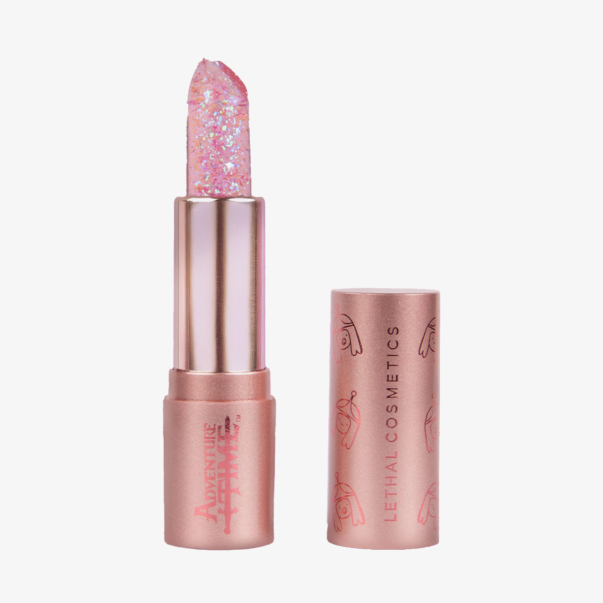 Roségoldener Drehstift des Lethal Cosmetics Adventure Time Lip Balm Princess Bubblegum mit rosa giltzerndem Inhalt.
