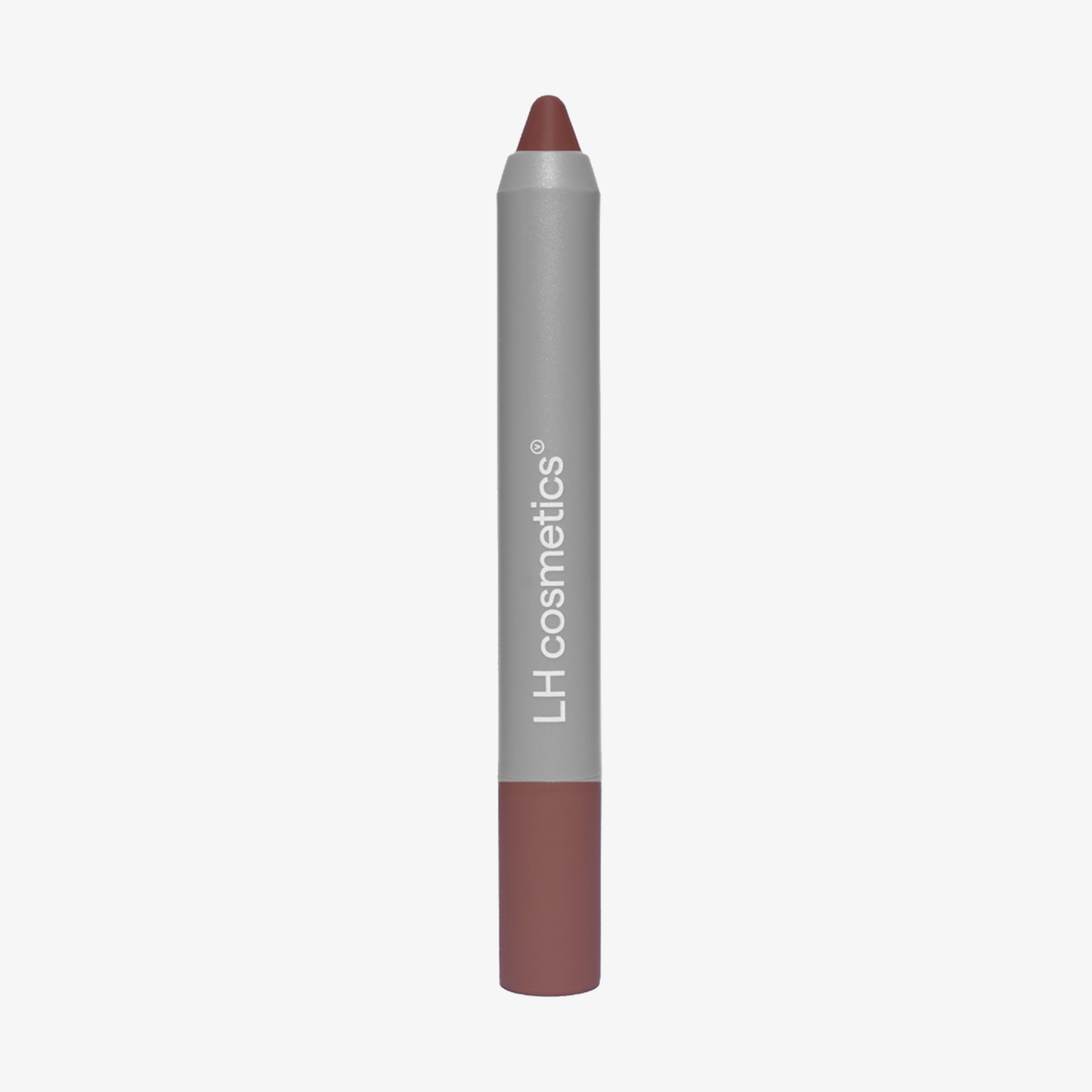 Der LH Cosmetics Biggie ist ein mauvefarbener Lippenstift mit silbernem Schaft auf weißem Hintergrund.