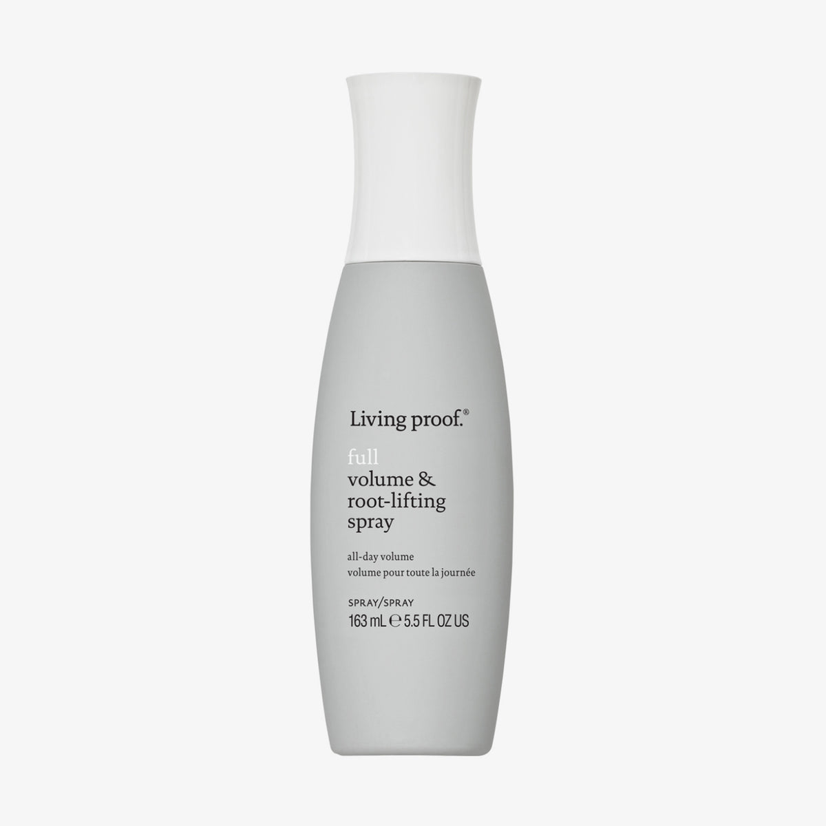 Auf weißem Hintergrund steht eine graue Flasche Living Proof Full Volume & Root-Lifting Spray mit weißem Deckel.