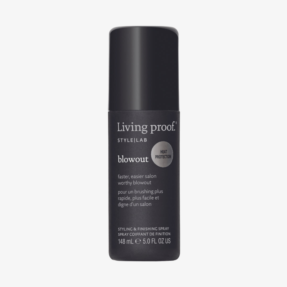 Schwarze Sprühflasche Living Proof Style Lab Blowout mit weißem Text auf weißem Hintergrund.