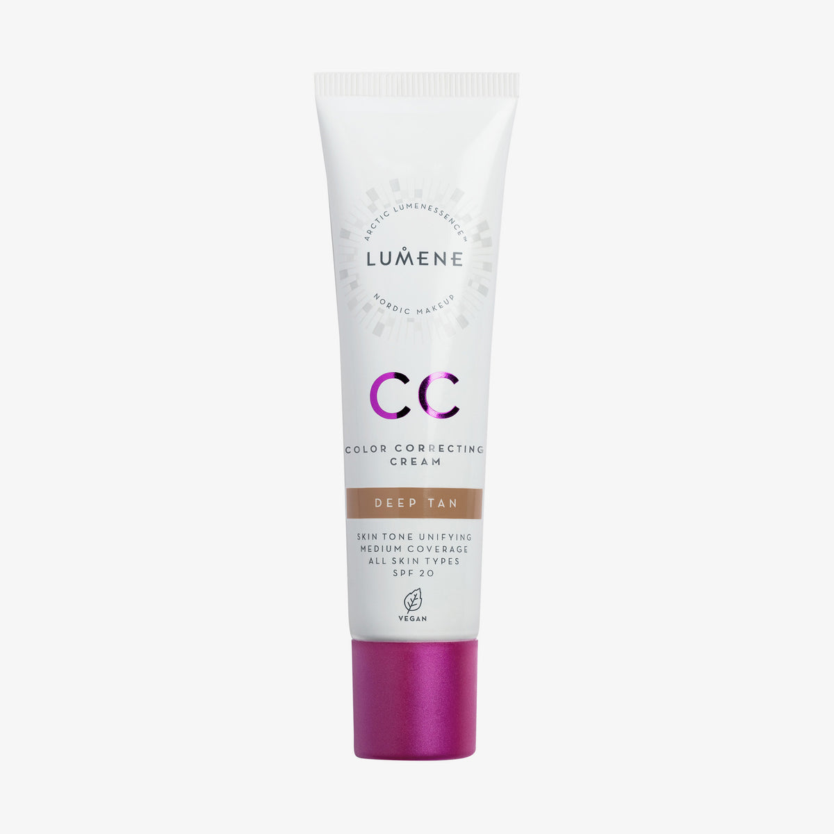 Weiße Tube Lumene CC Color Correcting Cream SPF20 in der Farbe Deep Tan mit violetter Kappe.