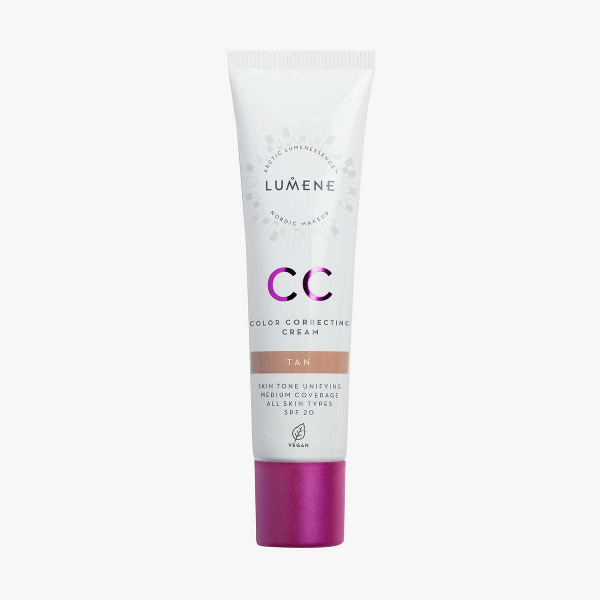 Weiße Tube Lumene CC Color Correcting Cream SPF20 in der Farbe Tan mit violetter Kappe.