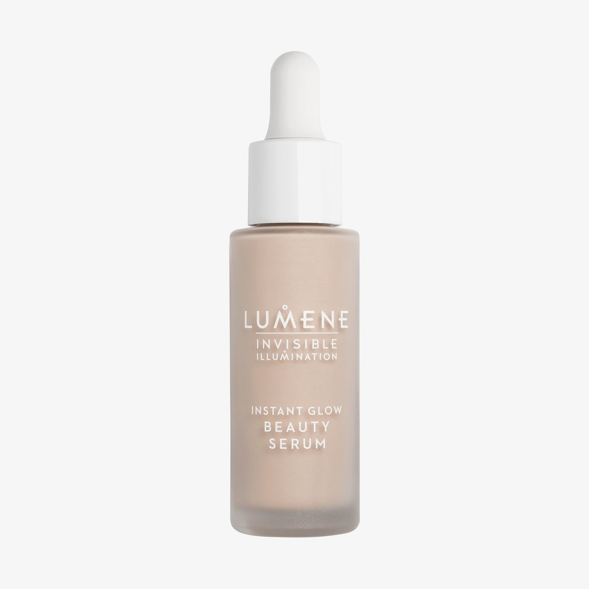 Mattierte transparente Flasche Lumene INVISIBLE ILLUMINATION Glow Beauty Serum in Universal Light mit einem weißen Tropfverschluss.