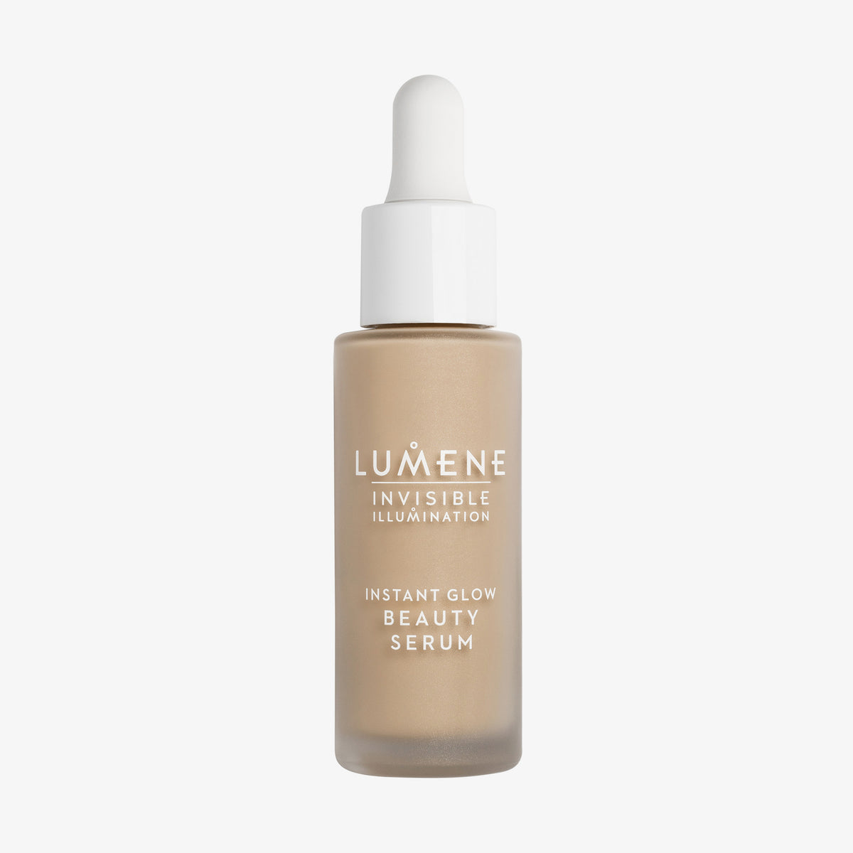 Mattierte transparente Flasche Lumene INVISIBLE ILLUMINATION Glow Beauty Serum in Universal Medium mit einem weißen Tropfverschluss.